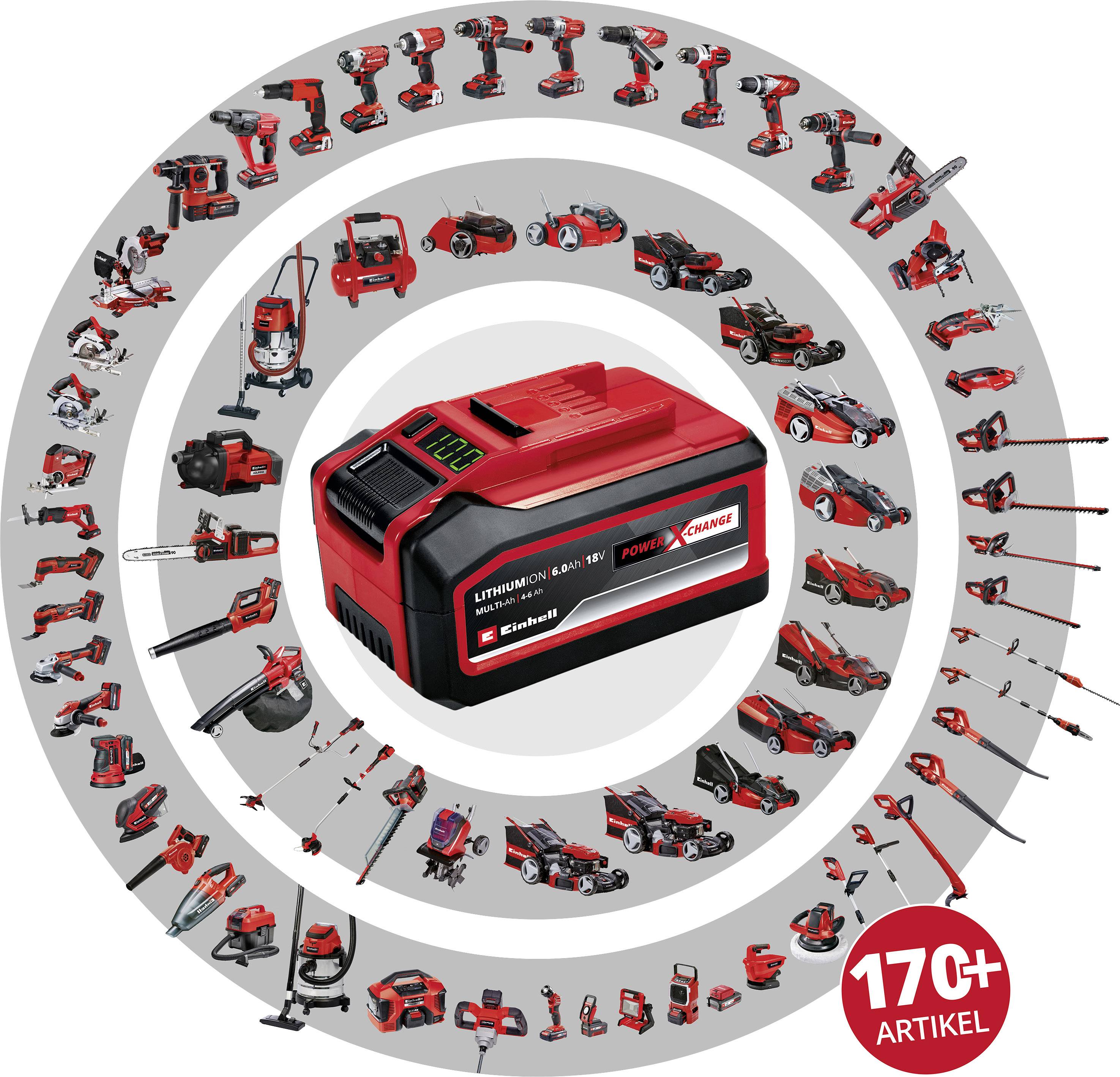 Lithium-Ionen-Akku von Einhell im Mittelpunkt eines Kreises aus über 170 kompatiblen Gartengeräten und Werkzeugen.