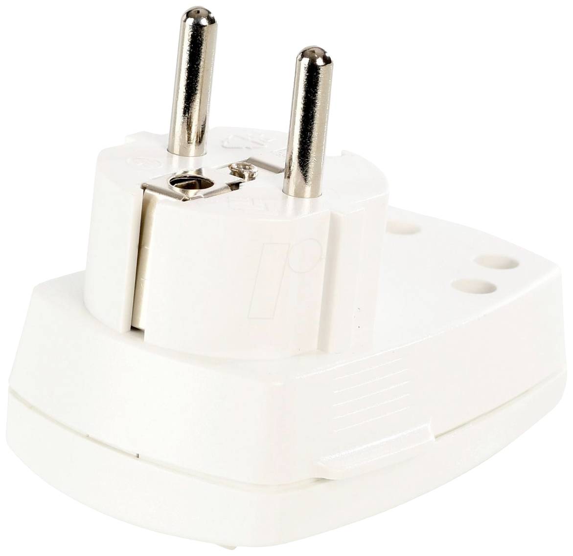 Ein weißer Eurostecker-Adapter mit zwei Metallsteckern, geeignet für verschiedene Steckdosenarten in europäischen Ländern.