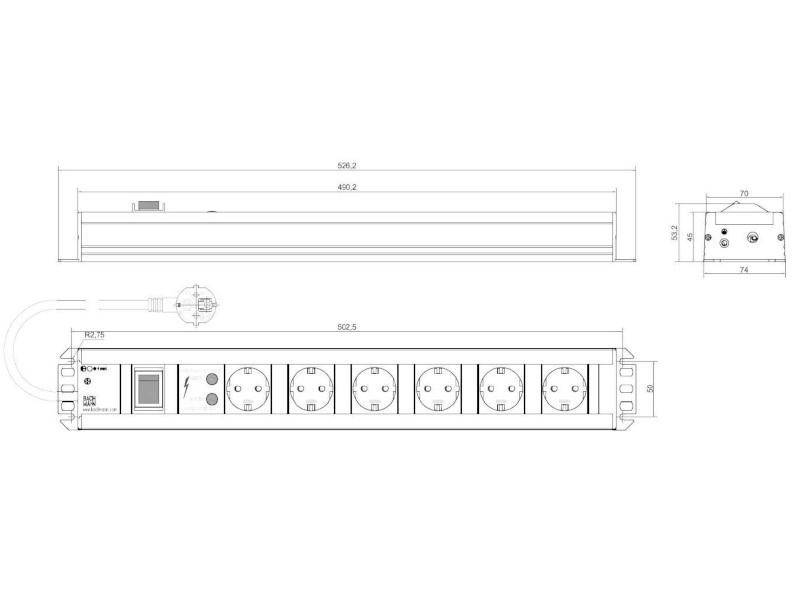 Technische Zeichnung einer Steckdosenleiste mit sechs Steckplätzen. Beinhaltet Abmessungen von 415,2 mm Länge und 70 mm Höhe, sowie ein Kabel und einen Schalter.