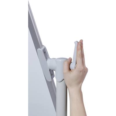 Eine Hand hält einen Hebel, der an einem rotierenden Mechanismus einer weißen Tafel befestigt ist.