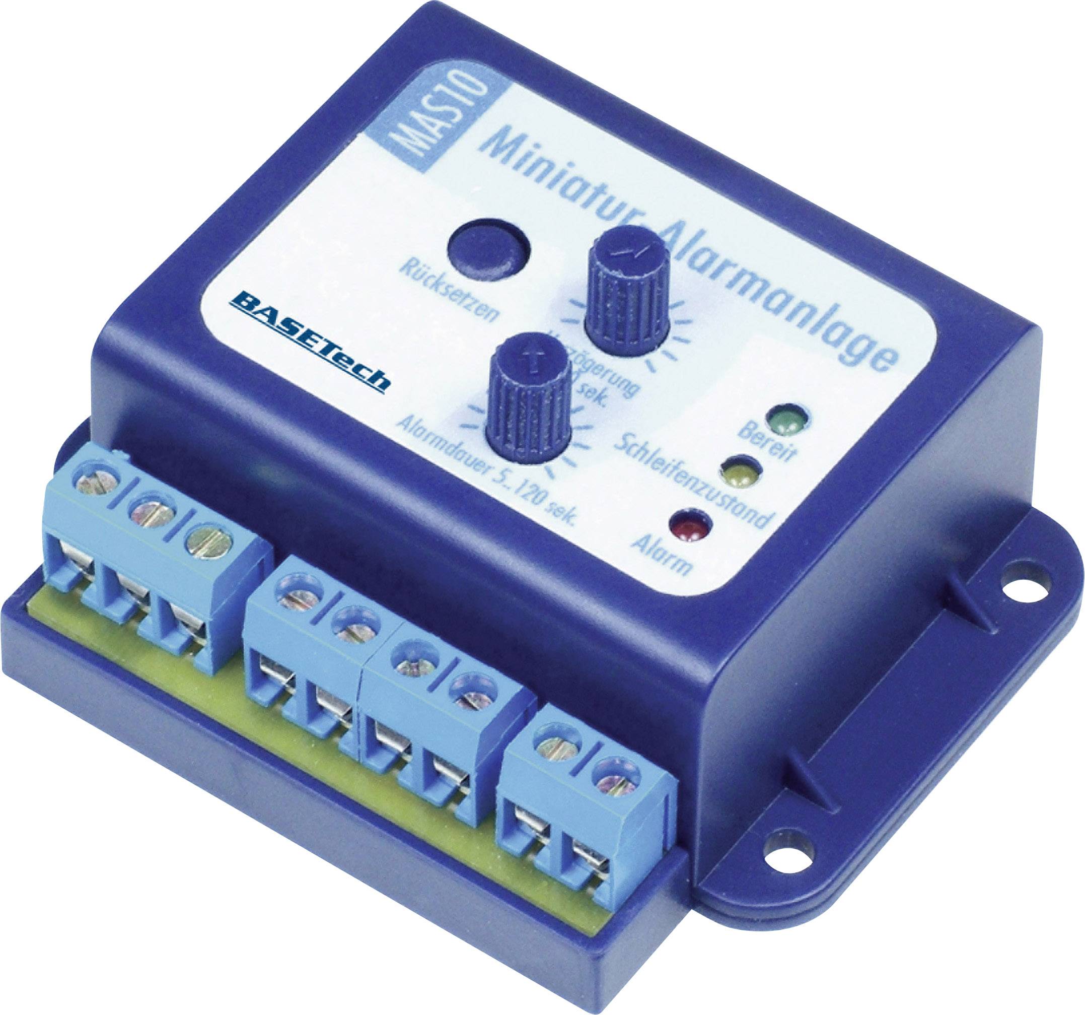Elektronisches Gerät, beschriftet als 'Miniatur-Alarmanlage', mit Drehreglern und blauer Anschlussleiste, verwendet zur Sicherheit.