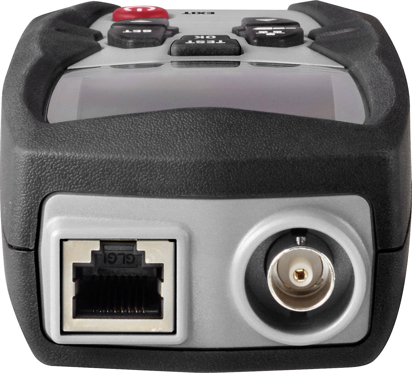 Ein Netzwerk- und Koaxialkabeltester mit Anschlüssen für Ethernet und Koaxialkabel, geeignet zur Diagnose und Fehlersuche.