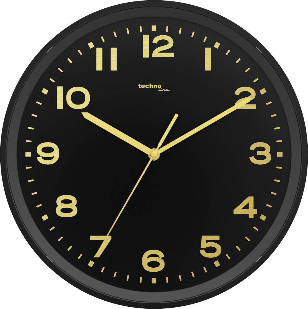 Analoge Wanduhr mit schwarzem Zifferblatt und goldenen Zahlen und Zeigern zeigt 10:11 Uhr.