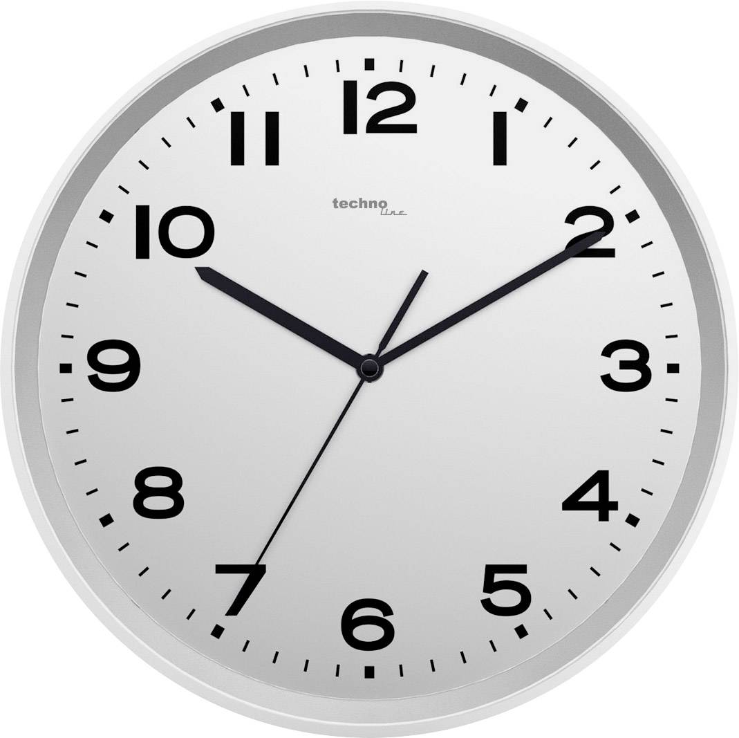 Analoge Wanduhr zeigt 10:10 Uhr. Schwarzes Zifferblatt mit weißen Hintergrund.