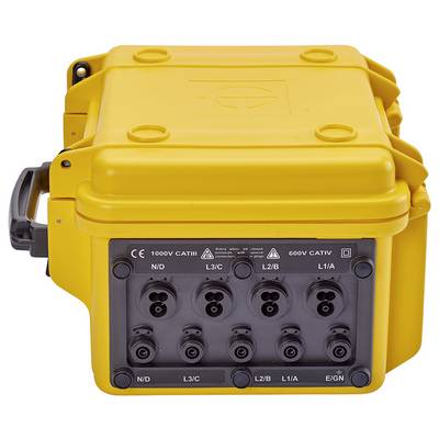 Gelbes elektrisches Anschlussgehäuse mit mehreren Eingängen, etikettiert mit Spannungsklassen und Sicherheitszertifizierungen.