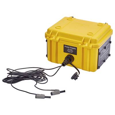 Gelbes, robustes Netzteilgehäuse mit schwarzen Kabeln und verschiedenen Anschlüssen, geeignet für Outdoor-Elektronikversorgung.