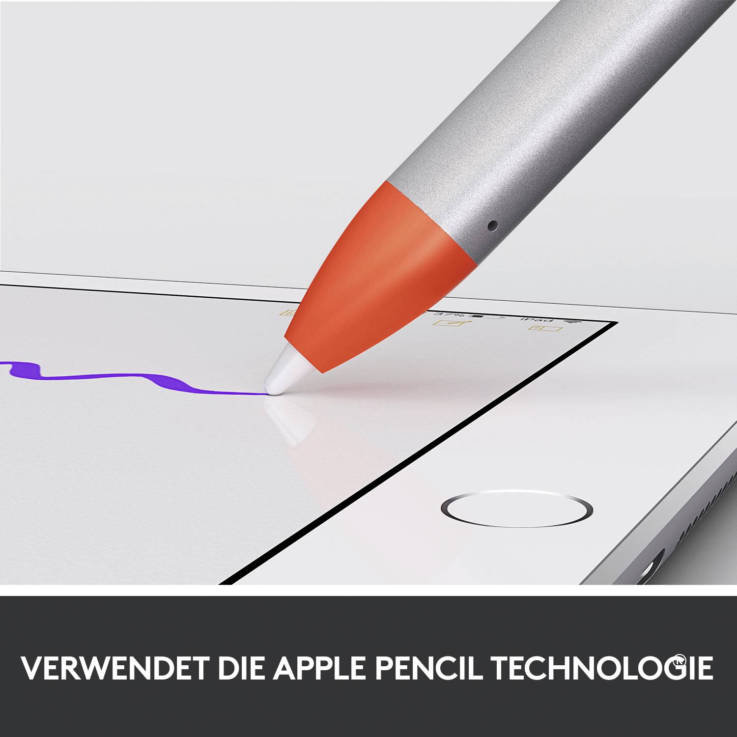 Apple Pencil tip zeichnet eine violette Linie auf einem Tabletbildschirm. Unten steht: 'Verwendet die Apple Pencil Technologie'.