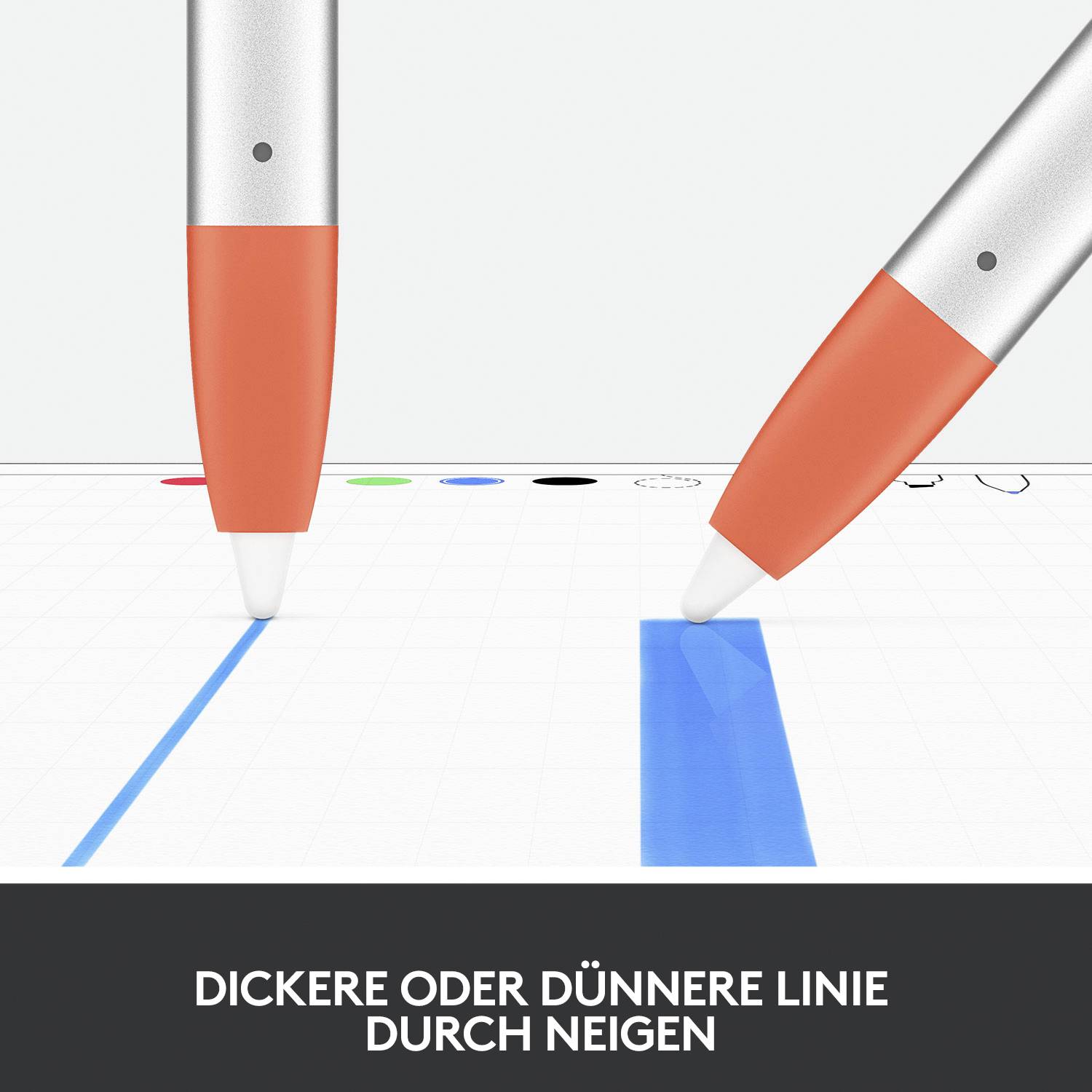 Zwei Stifte zeichnen Linien auf einem digitalen Bildschirm. Die Neigung des Stifts beeinflusst die Linienstärke. Text: 'Dickere oder dünnere Linie durch Neigen'.