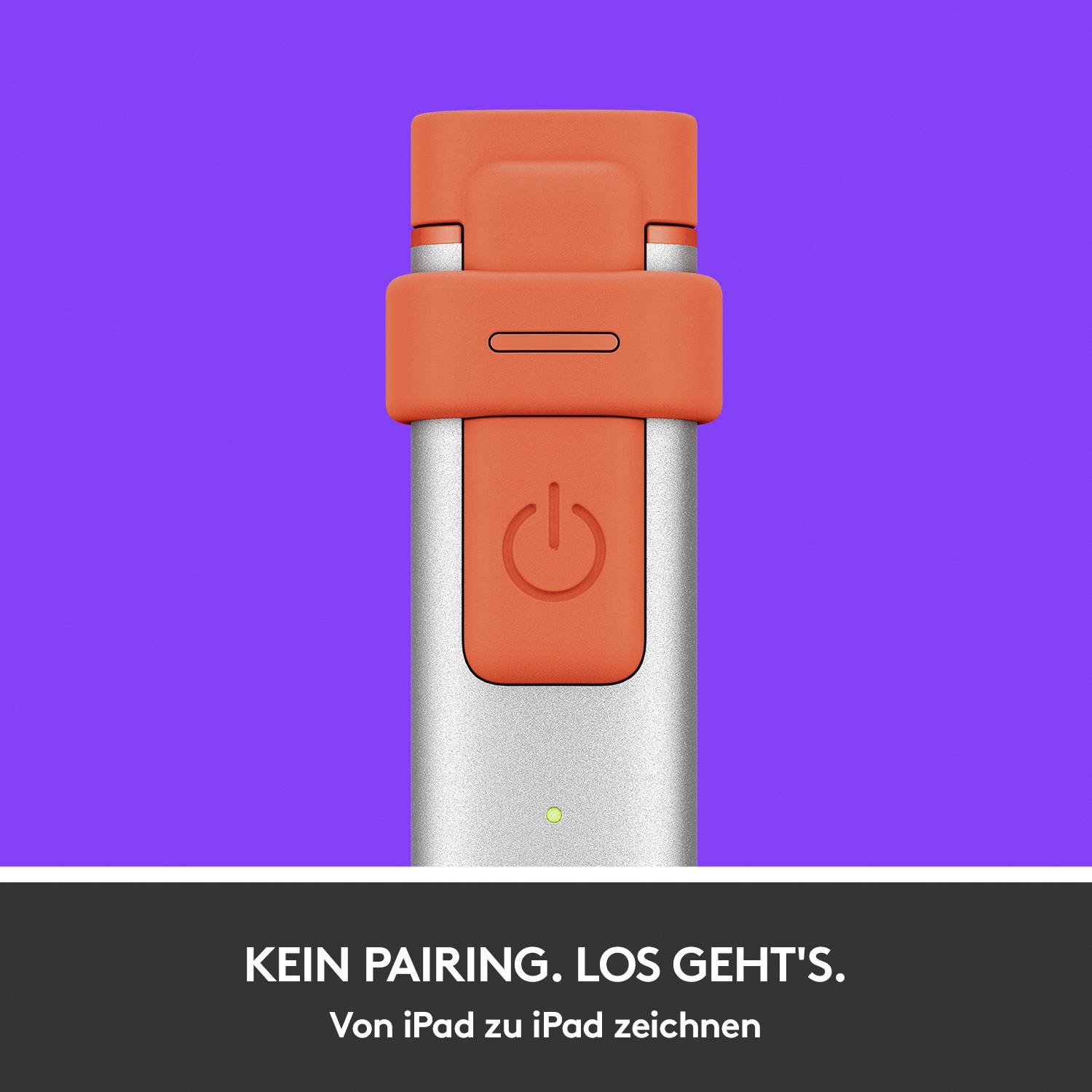 'Ein oranger Stift auf lila Hintergrund mit Text: Kein Pairing. Los geht's. Von iPad zu iPad zeichnen.'