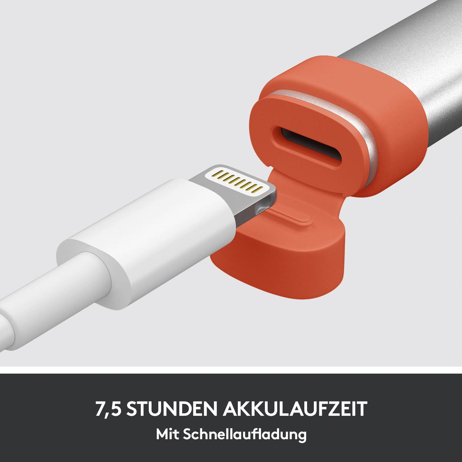 Ein Ladekabel wird in einen roten Adapter eingesteckt. Unten steht '7,5 Stunden Akkulaufzeit mit Schnellaufladung'.