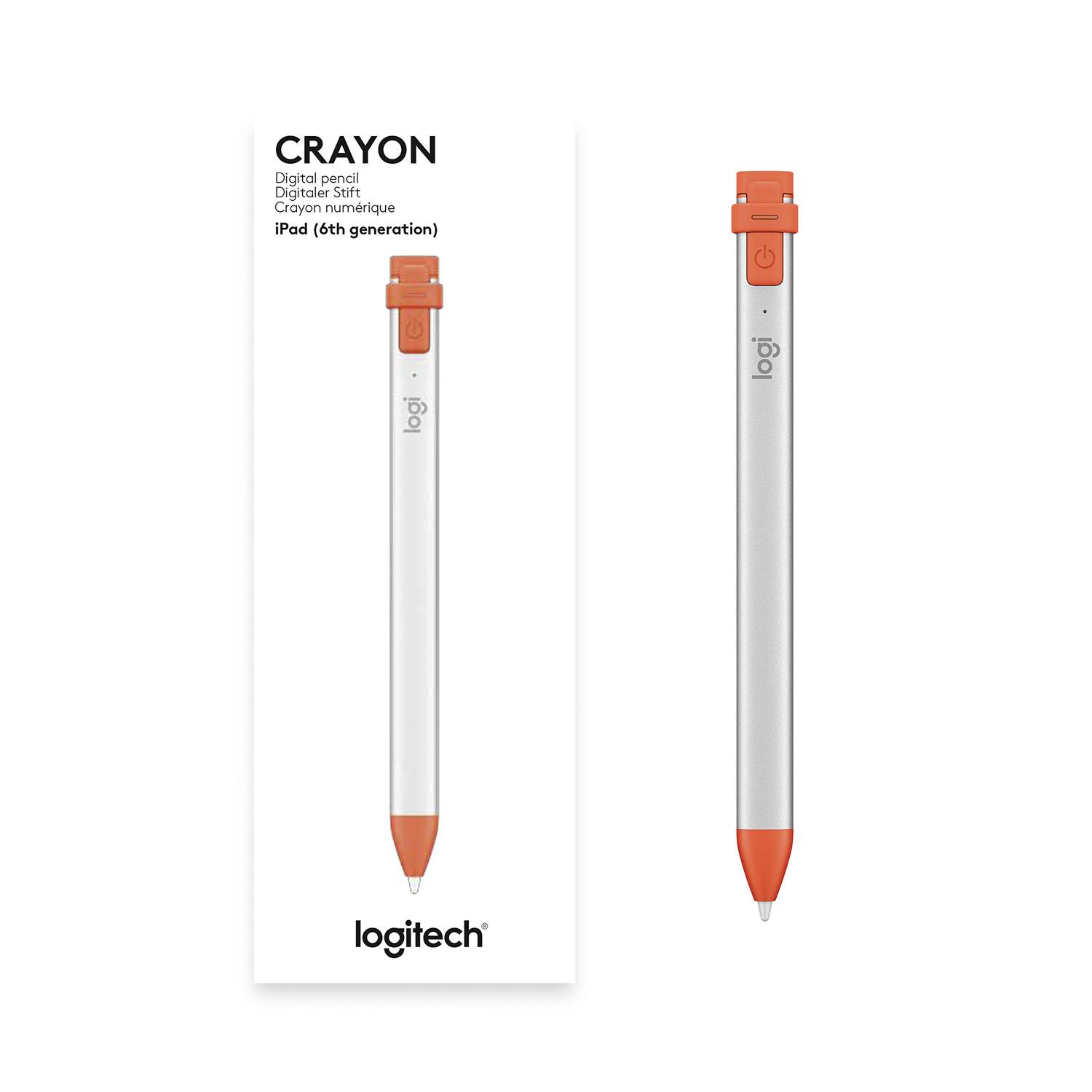 'Logitech Crayon Digitalstift für iPad (6. Generation)'. Zeigt Stift in orange-grauem Design neben Verpackung mit Produktnamen und Details.