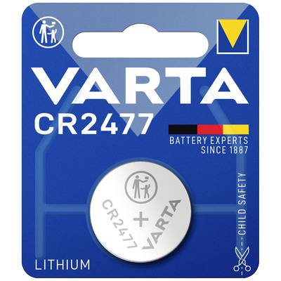 Eine runde Lithium-Batterie 'CR2477' von VARTA, in blauer Verpackung mit Kindersicherheitsmerkmalen, wird als langlebig beworben.