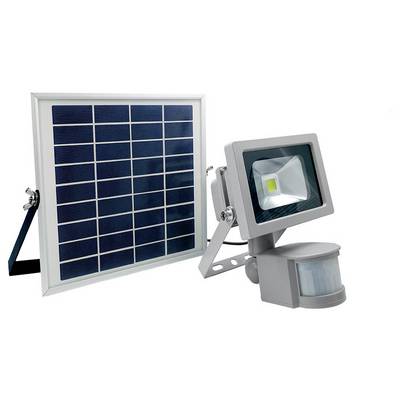 Eine solarbetriebene LED-Flutlichtlampe mit Bewegungssensor neben einem Solarpanel. Entwickelt für den Außeneinsatz zur Bereitstellung energieeffizienter Beleuchtung.