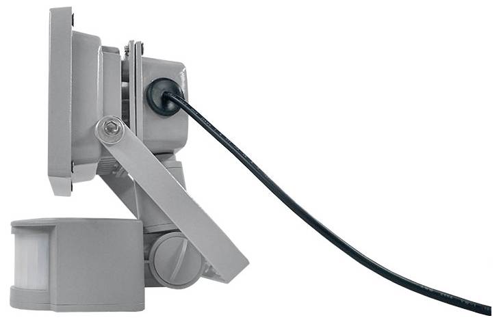 Ein seitlich ausgerichteter grauer Bewegungsmelder mit angeschlossenem Kabel, konzipiert für die Überwachung der Außensicherheit.