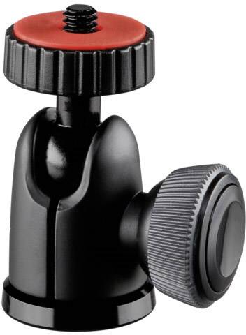 Ein schwarzer Kamera-Kugelkopf mit rotem Detail und geriffeltem Griff. Verwendet zur Befestigung und Bewegung von Kameras auf Stativen.