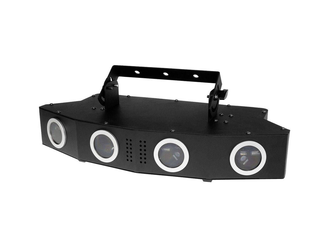 Schwarzes LED-Stage-Light mit vier runden Linsen und Tragegriff. Eignet sich für Bühnenbeleuchtung oder Events.