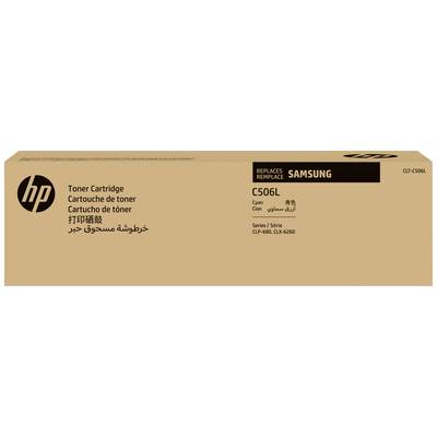 Eine braune Verpackung für eine HP-Tonerkartusche. Beschriftung in mehreren Sprachen; ersetzt Samsung C506L Toner für Cyan.