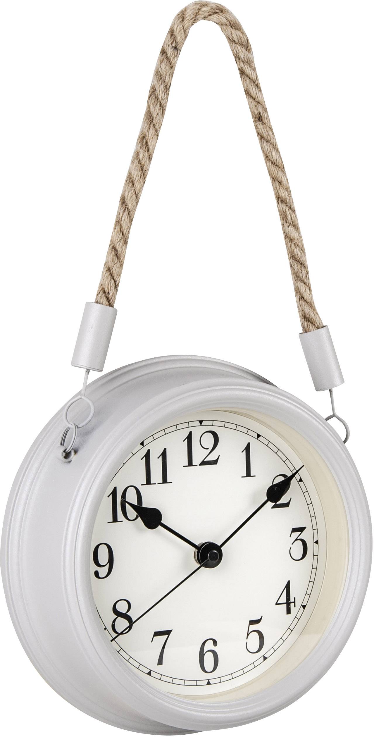 Runde Uhr mit weißen Zifferblatt und schwarzen Zeigern, aufgehängt an einem Seil.