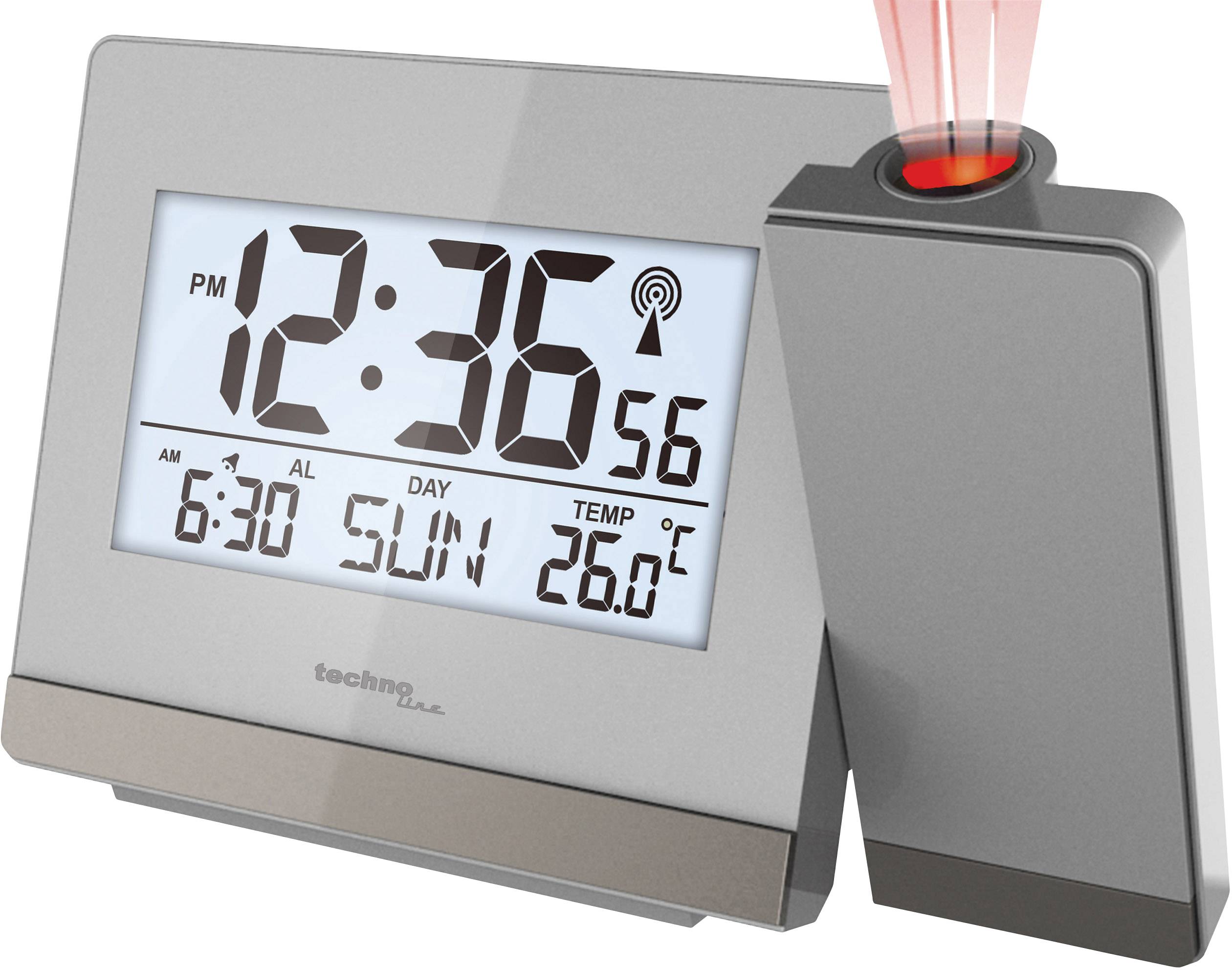 Ein silberner digitaler Wecker zeigt die Zeit 12:36 Uhr, den Wochentag Sonntag und eine Temperatur von 26,0 °C an.