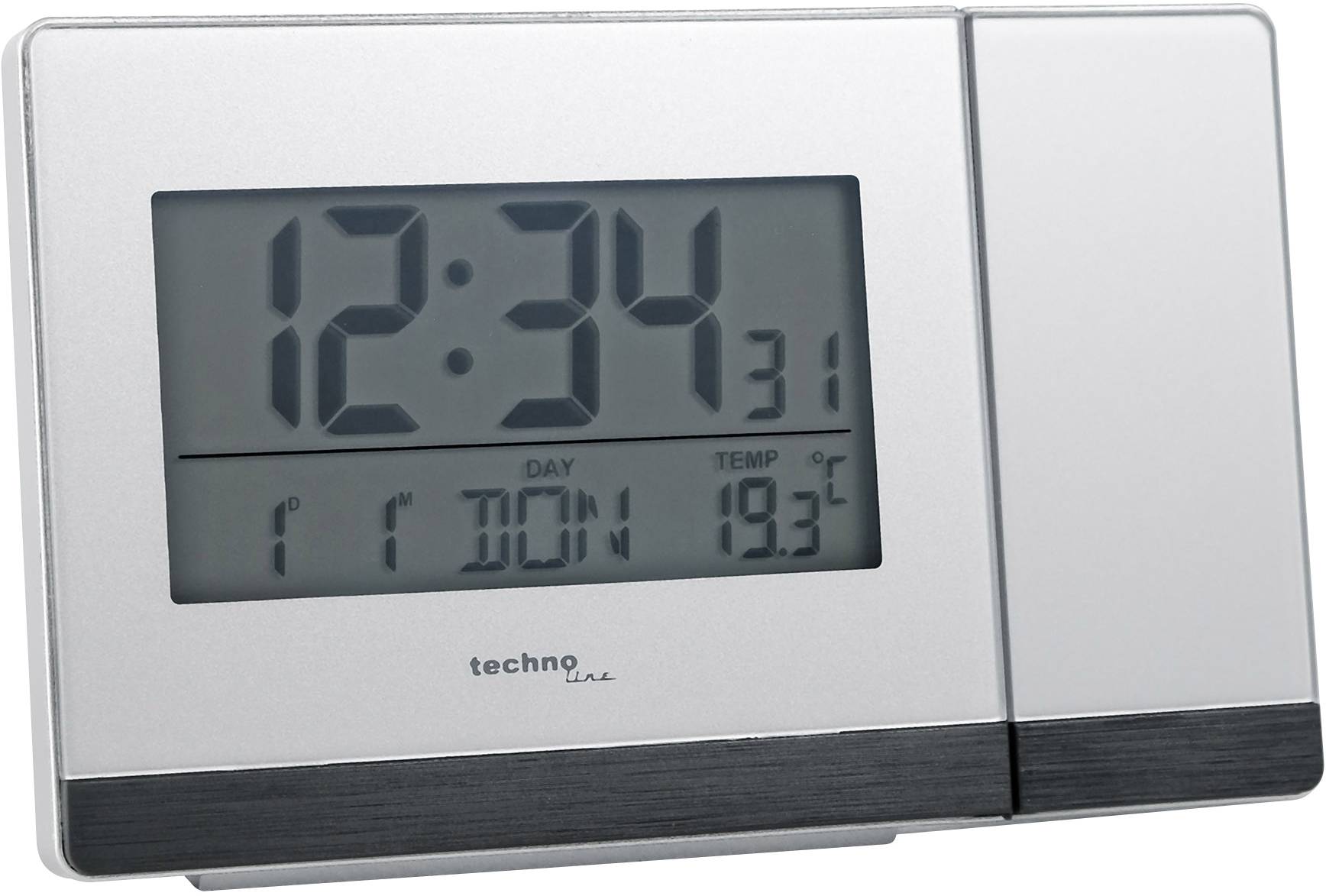 Digitale Uhr mit großem Display zeigt 12:34 Uhr an. Unten werden 31. Datum und Temperatur als 19.3°C angezeigt.