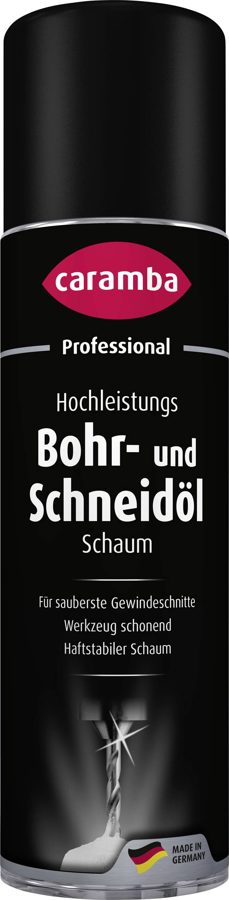 Caramba Professional Hochleistungs-Bohr- und Schneidöl-Schaumspray in der Dose, auf Deutsch beschriftet, für saubere Gewindeschnitte und Werkzeugschutz.