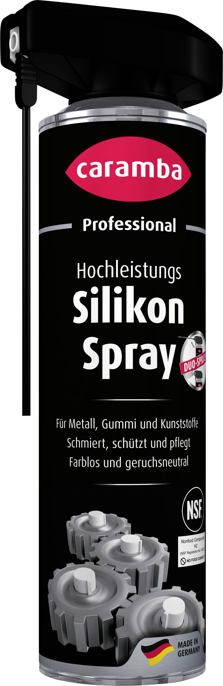 Eine Dose Caramba Professional Silikonspray für Metall, Gummi und Kunststoff, gekennzeichnet als geruchlos und farblos, mit Zahnrädern auf der Vorderseite abgebildet.