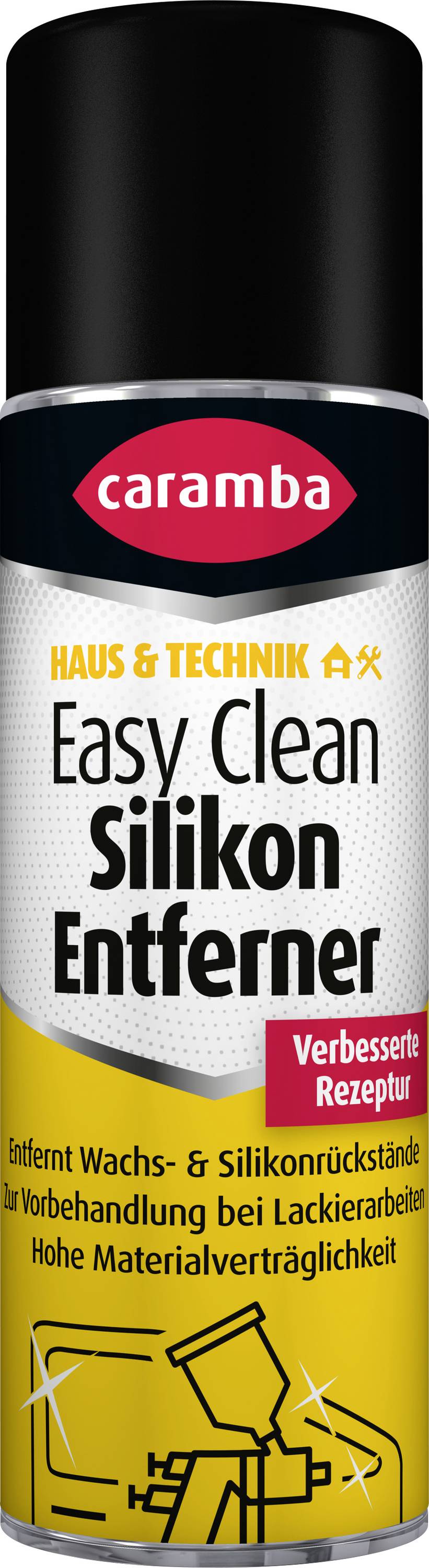 Caramba Easy Clean Silikonentferner-Spray in der Dose, beschriftet mit „Haus & Technik", „Verbesserte Rezeptur", zum Entfernen von Wachs, Silikonrückständen und zur Lackaufbereitung.