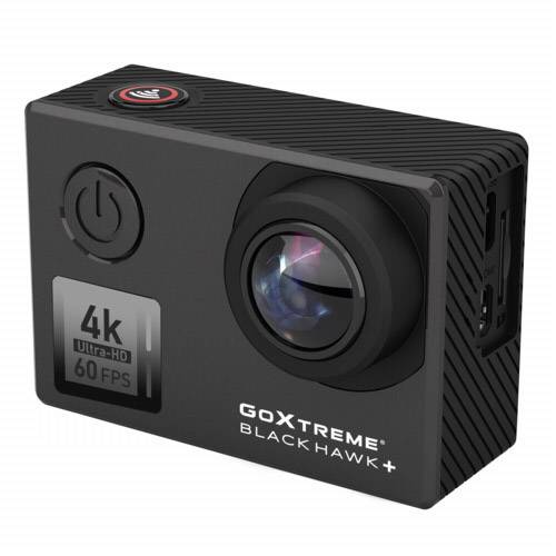 Schwarze GoXtreme Action-Kamera mit 4K-Auflösung und 60 FPS. Front zeigt Objektiv, Power-Taste und 'GoXtreme BlackHawk+' Schriftzug.