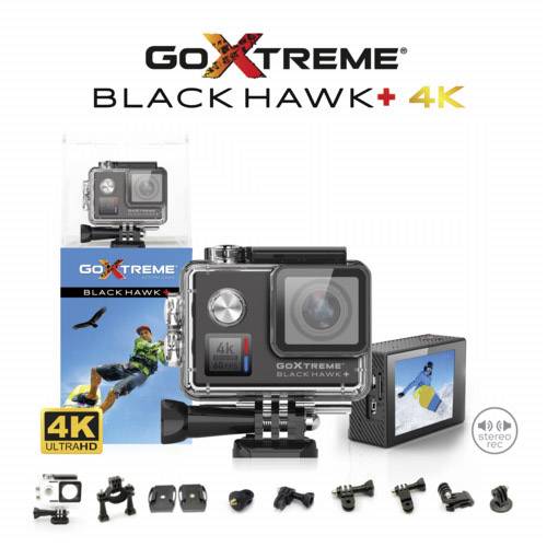 Action-Kamera 'GoXtreme Black Hawk 4K' mit Zubehör und Verpackung. Hervorgehobene Merkmale: 4K UltraHD, wasserdichtes Gehäuse. Ideal für Extremsportarten.