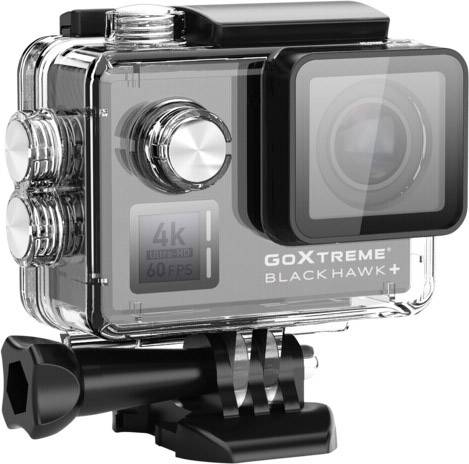 Action-Kamera in einem transparenten Gehäuse, Etikett 'GoXtreme Black Hawk+', unterstützt 4K-Auflösung bei 60 FPS.