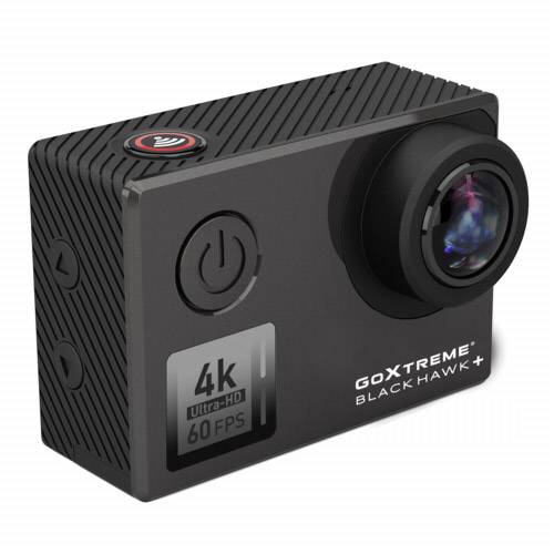 Schwarze Action-Kamera mit Aufschrift '4K Ultra-HD 60 FPS' und 'GOXTREME BLACK HAWK+'. Dient zur Aufzeichnung von hochwertigen Videos.