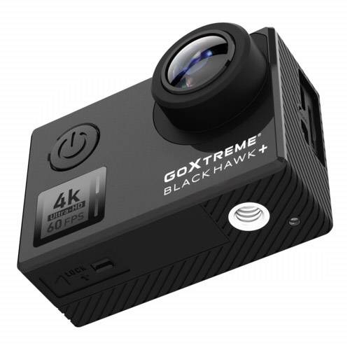 Eine schwarze Action-Kamera mit der Aufschrift 'GoXtreme BlackHawk+'. Markiert als '4K Ultra HD 60 FPS'.