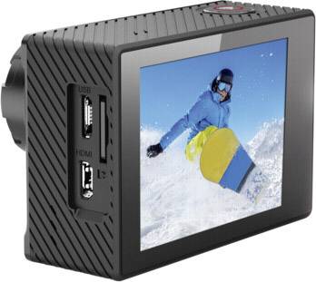 Digitalkamera mit Display zeigt Bild eines Snowboarders in blauer Jacke. Sie hat HDMI- und USB-Anschlüsse an der Seite.