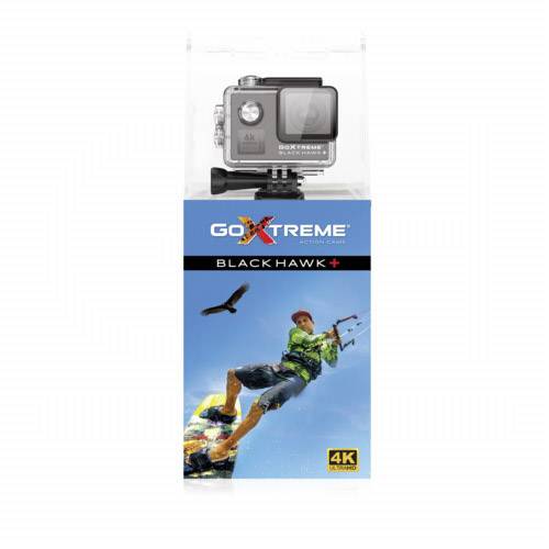 Eine GoXtreme Black Hawk+ Kamera in der Verpackung. Auf der Verpackung ist ein Bild eines Surfers mit einem Adler im Hintergrund.