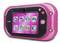 Pinkfarbene Kinderkamera mit großem Display. Icons für Fotos, Videos, Spiele und Musikplayer sind sichtbar. Markenlogo oben links.