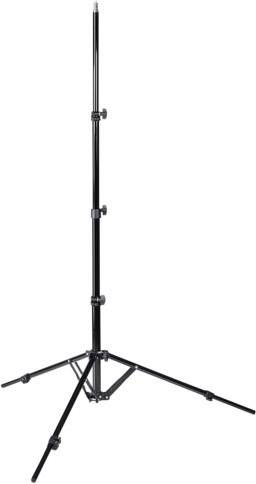 Schwarzes, verstellbares Fotostativ mit drei Beinen und höhenverstellbarer Mittelsäule, geeignet für Kamera- oder Beleuchtungsequipment.