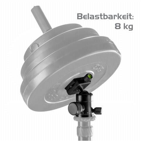 Stativkopf mit Hantelscheiben zur Demonstration der maximalen Belastbarkeit von 8 kg.