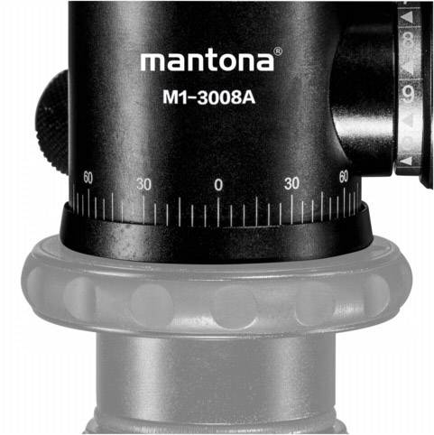 'Schwarzer mantona M1-3008A Stativkopf' eingraviert auf einem drehbaren Teil mit markierten Winkeln von 0 bis 90 Grad.
