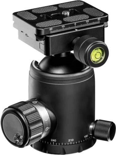 Ein schwarzer Kugelkopf-Stativkopf mit Wasserwaage und Skalen für präzise Ausrichtung, geeignet für Kameras auf Stativen.