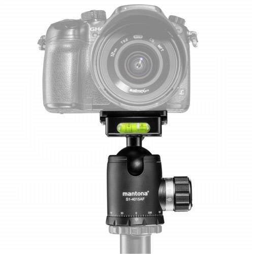 'Mantona' Stativkopf mit Wasserwaage und Drehmechanismus auf einem Stativ, geeignet für präzise Kameraausrichtung.