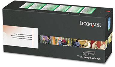 Lexmark Drucker-Toner in schwarzer Verpackung, Vorderansicht mit farbigem Streifen und Logo. Text auf der Seite: 'True. Image. Always.'