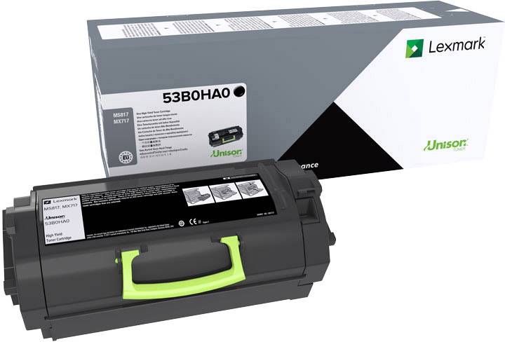 'Toner 53B0HA0' vor Verpackung mit Lexmark-Logo und Unison-Aufschrift, Modellangabe MS317 und MX317.