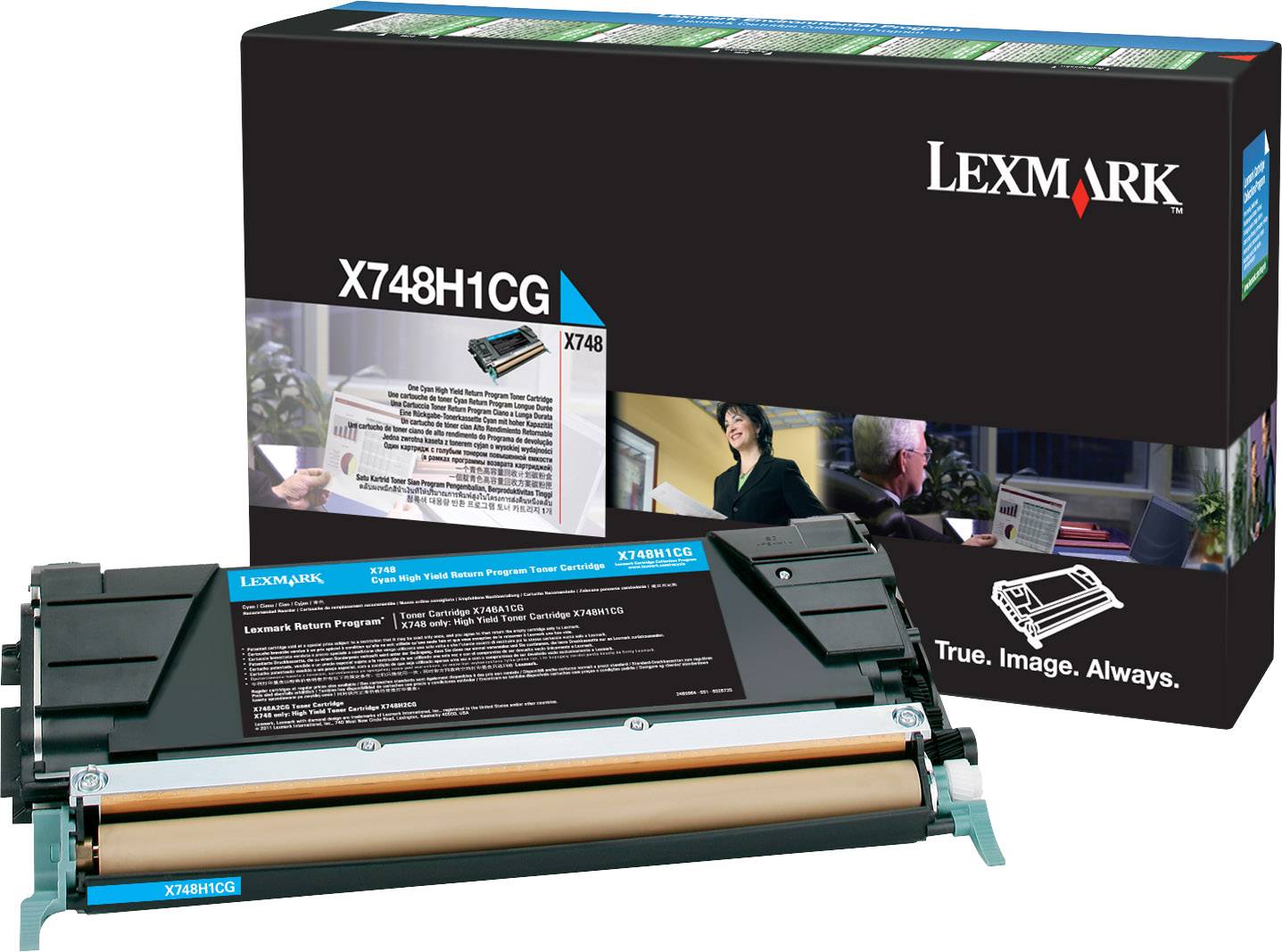 'Tonerkartusche Lexmark X748H1CG neben Verpackung, die Marke und Modell anzeigt. Verpackung zeigt Büroanwendungsszenario.'