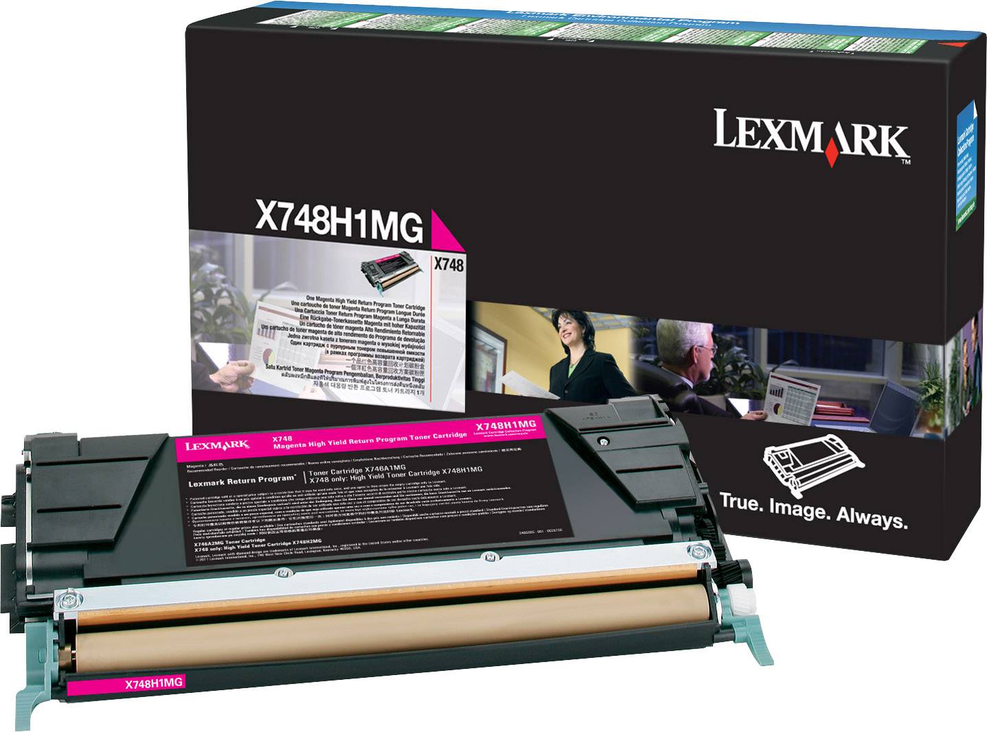 Lexmark X748H1MG Tonerkartusche in Schwarz und Magneta vor Verpackung. Produkt zur Verwendung in kompatiblen Druckern.