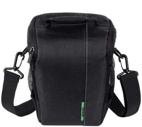 Schwarze Kameratasche mit Gürtel und grüner Naht, seitlichen Netztaschen und abnehmbarem Schultergurt. Ideal für den sicheren Transport.