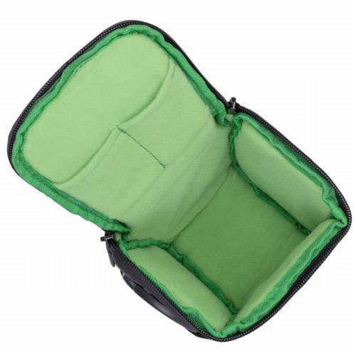 Schwarz-grüner, offener Kamera- oder Objektivschutzbeutel mit weichem, gepolstertem Innenraum, geeignet für Fotografie-Ausrüstung.