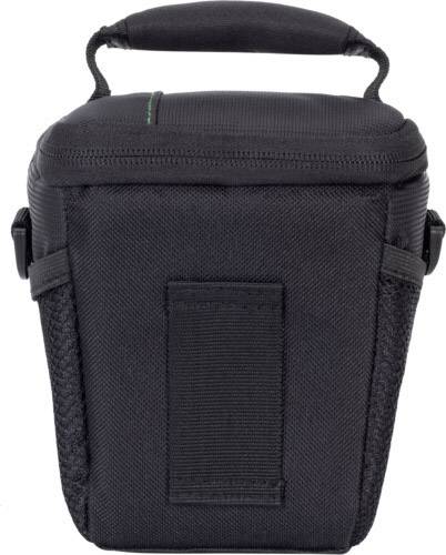 Schwarze Kameratasche mit Tragegriff, robustes Material, kompakt, geeignet für Spiegelreflexkameras, mit seitlichen Taschen.