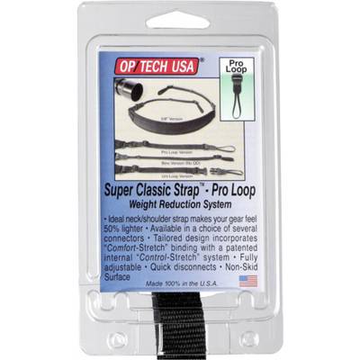 Verpackung eines Kamera-Trageriemens 'Super Classic Strap - Pro Loop' von OP/TECH USA. Enthält Details zur Gewichtreduzierung und Anpassungsoptionen.