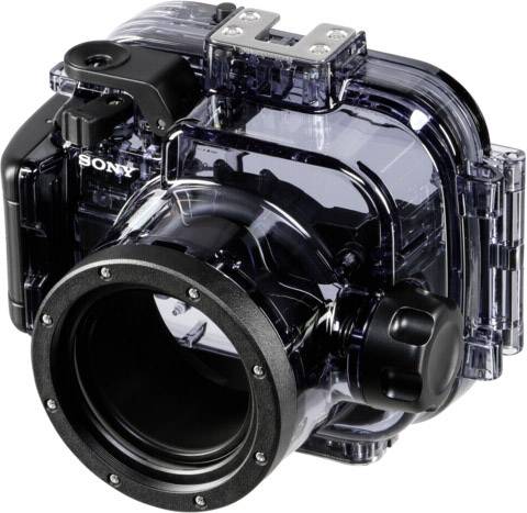 Wasserdichtes Gehäuse für Unterwasserkameras mit mehreren Knöpfen und transparentem Design, geeignet für Unterwasserfotografie.