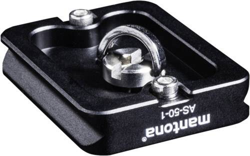 Dunkle Metallplatte mit abgerundeten Kanten, zwei Schrauben und einem drehbaren Element in der Mitte. Markiert mit "mantona AS-50-1".